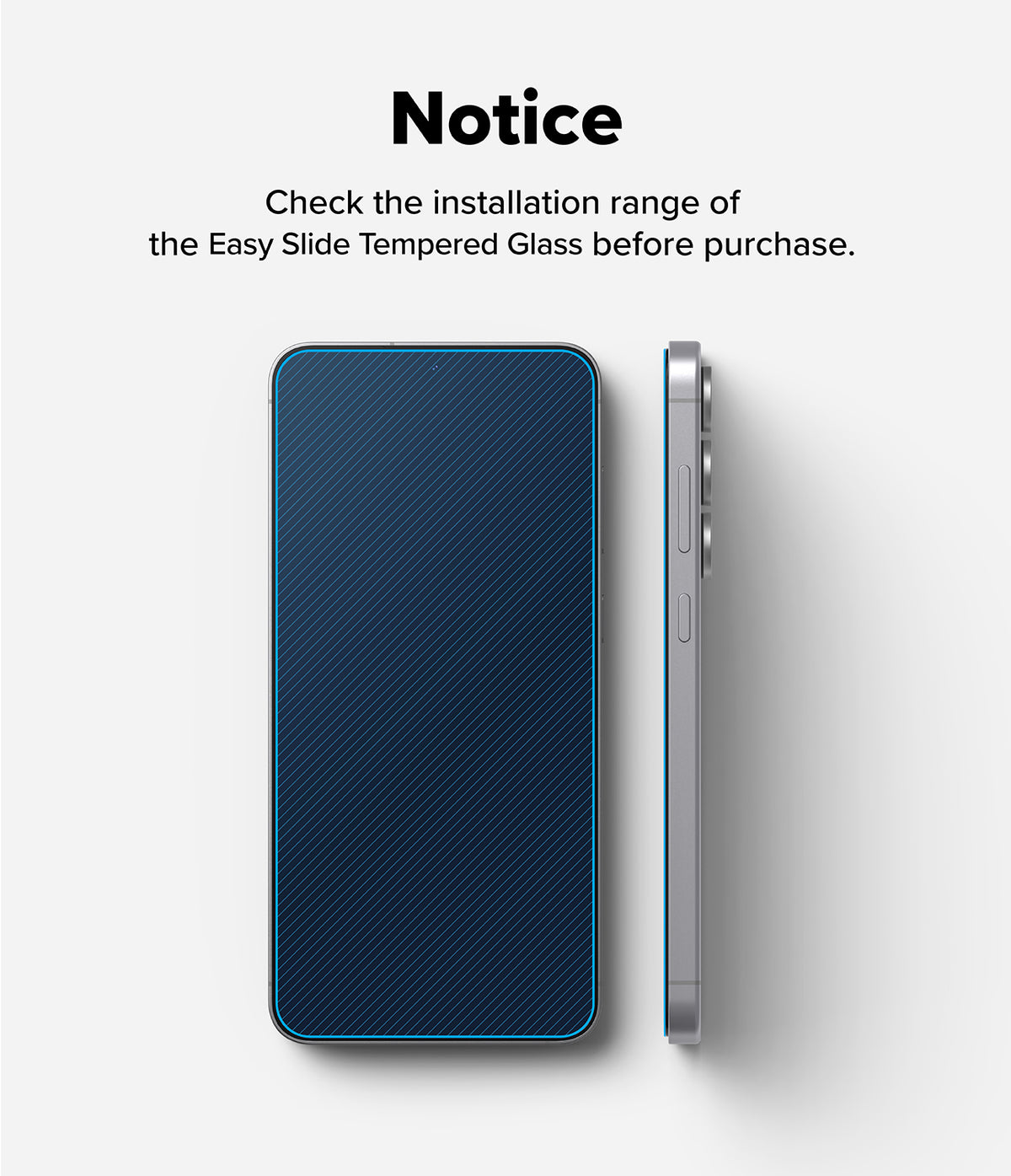 Galaxy S25 FE Screen Protector | Easy Slide Tempered Glass (2P) - Galaxy S25 FE Screen Protector - Front and side view of a smartphone showing the screen protector coverage area.