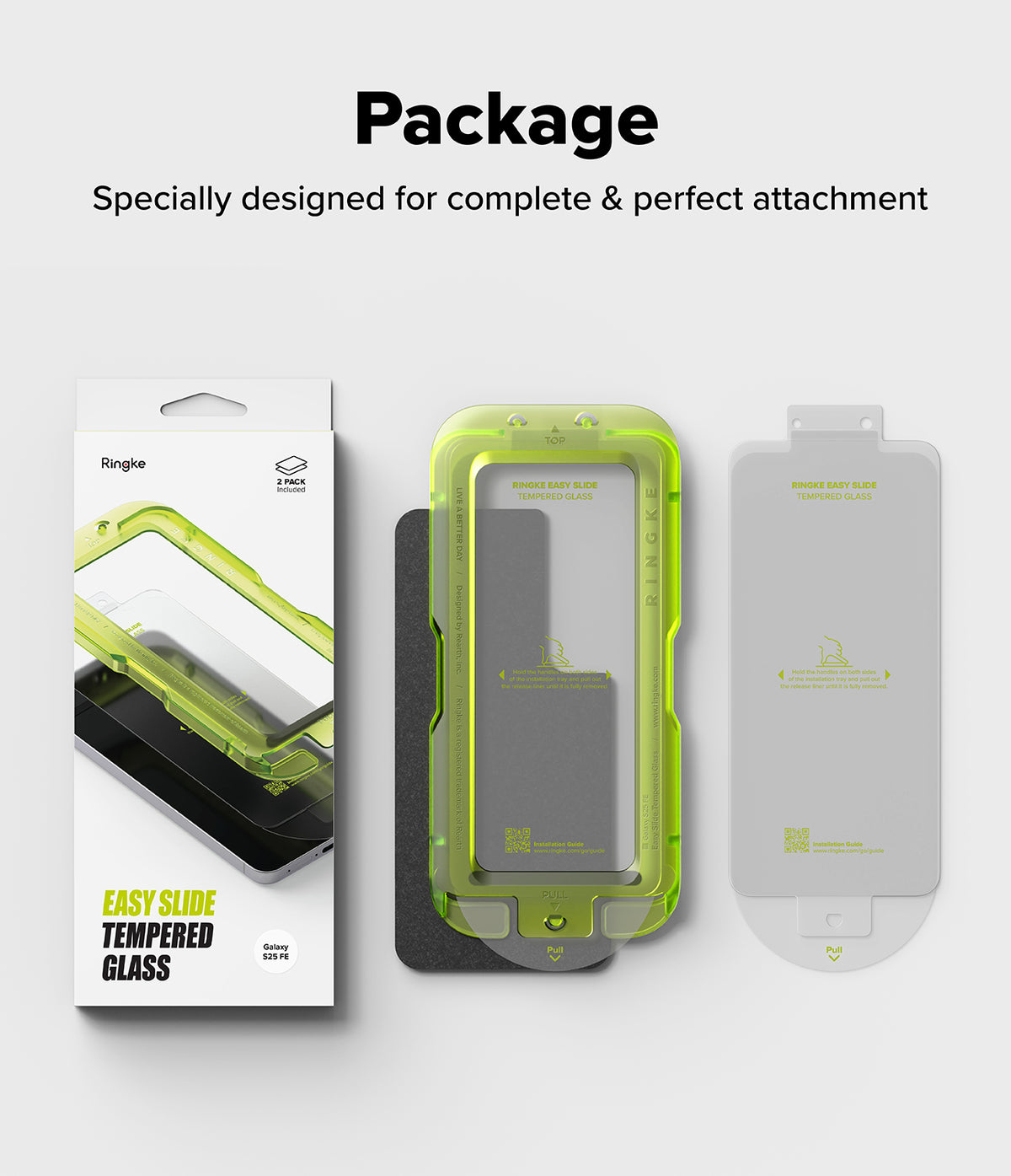 Galaxy S25 FE Screen Protector | Easy Slide Tempered Glass (2P) - Galaxy S25 FE Screen Protector - Packaging, green installation tray, and two tempered glass screen protectors.