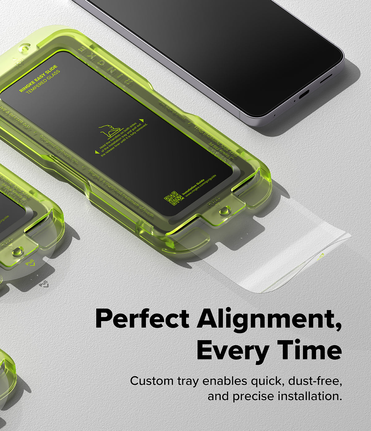 Galaxy S25 FE Screen Protector | Easy Slide Tempered Glass (2P) - Galaxy S25 FE Screen Protector - A green installation tray aligns a tempered glass protector onto a smartphone screen.