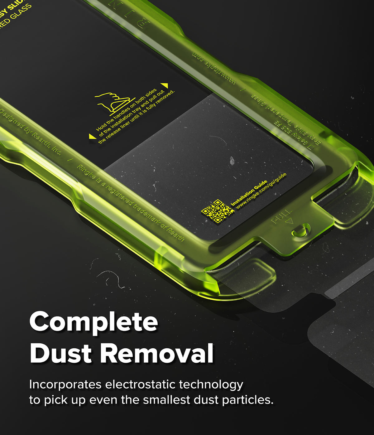 Galaxy S25 FE Screen Protector | Easy Slide Tempered Glass (2P) - Galaxy S25 FE Screen Protector - Neon green installation tray for screen protector with dust removal instructions.