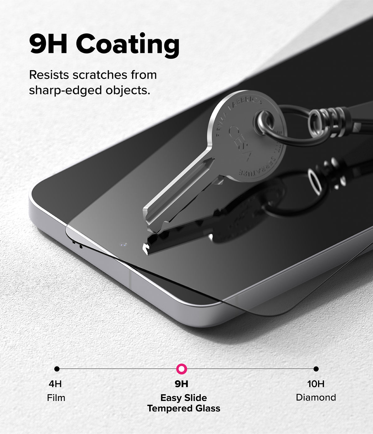 Galaxy S25 FE Screen Protector | Easy Slide Tempered Glass (2P) - Galaxy S25 FE Screen Protector - A metal key resting on a phone screen protector, demonstrating 9H scratch resistance.