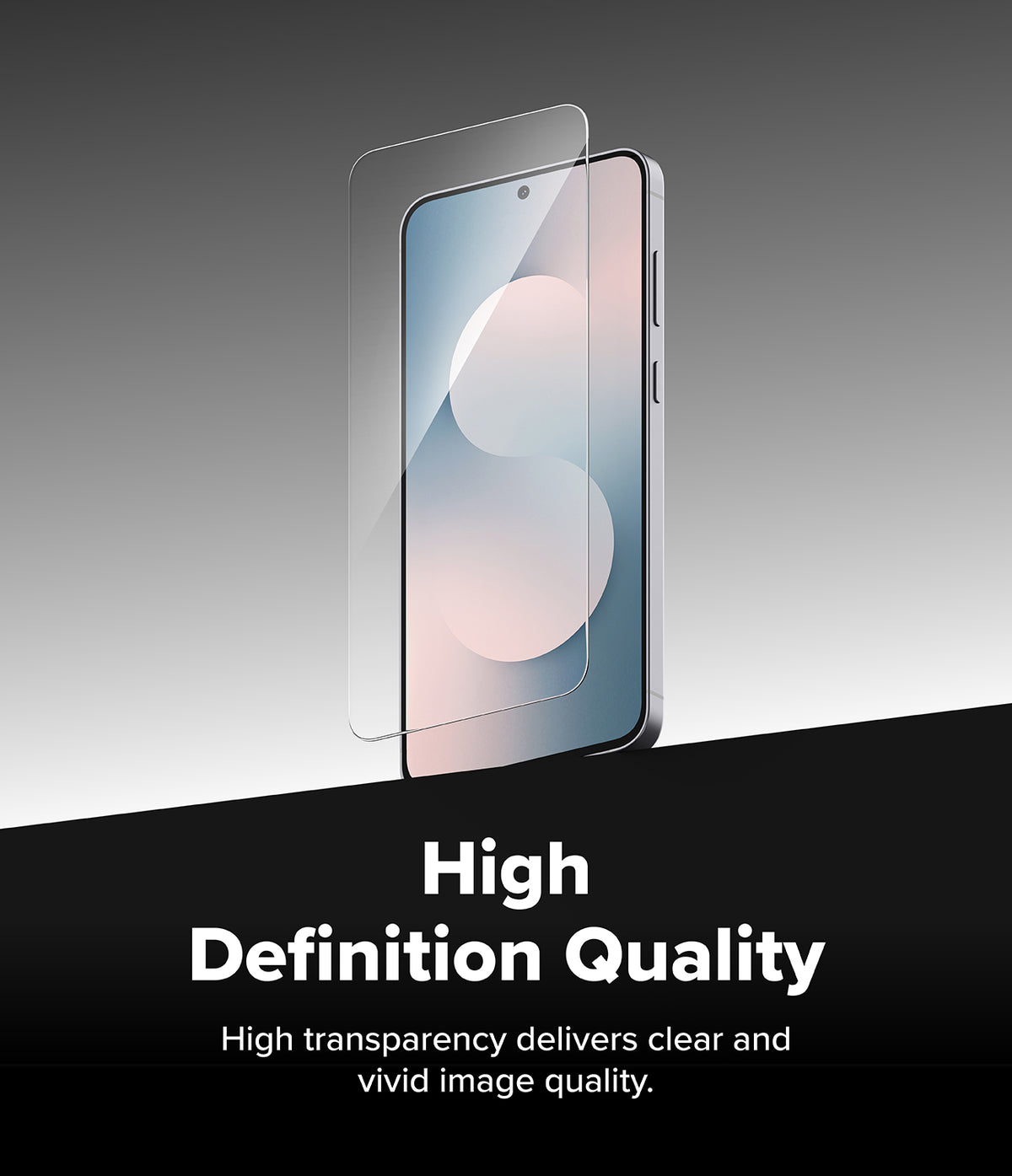 Galaxy S25 FE Screen Protector | Easy Slide Tempered Glass (2P) - Galaxy S25 FE Screen Protector - Transparent tempered glass hovering above a smartphone screen against a gray background.