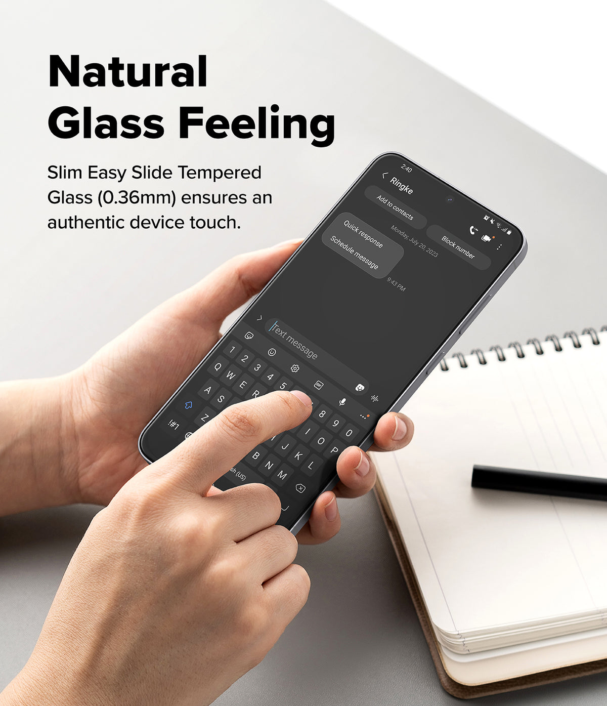 Galaxy S25 FE Screen Protector | Easy Slide Tempered Glass (2P) - Galaxy S25 FE Screen Protector - Hands using a smartphone with a slim tempered glass screen protector to type a message.