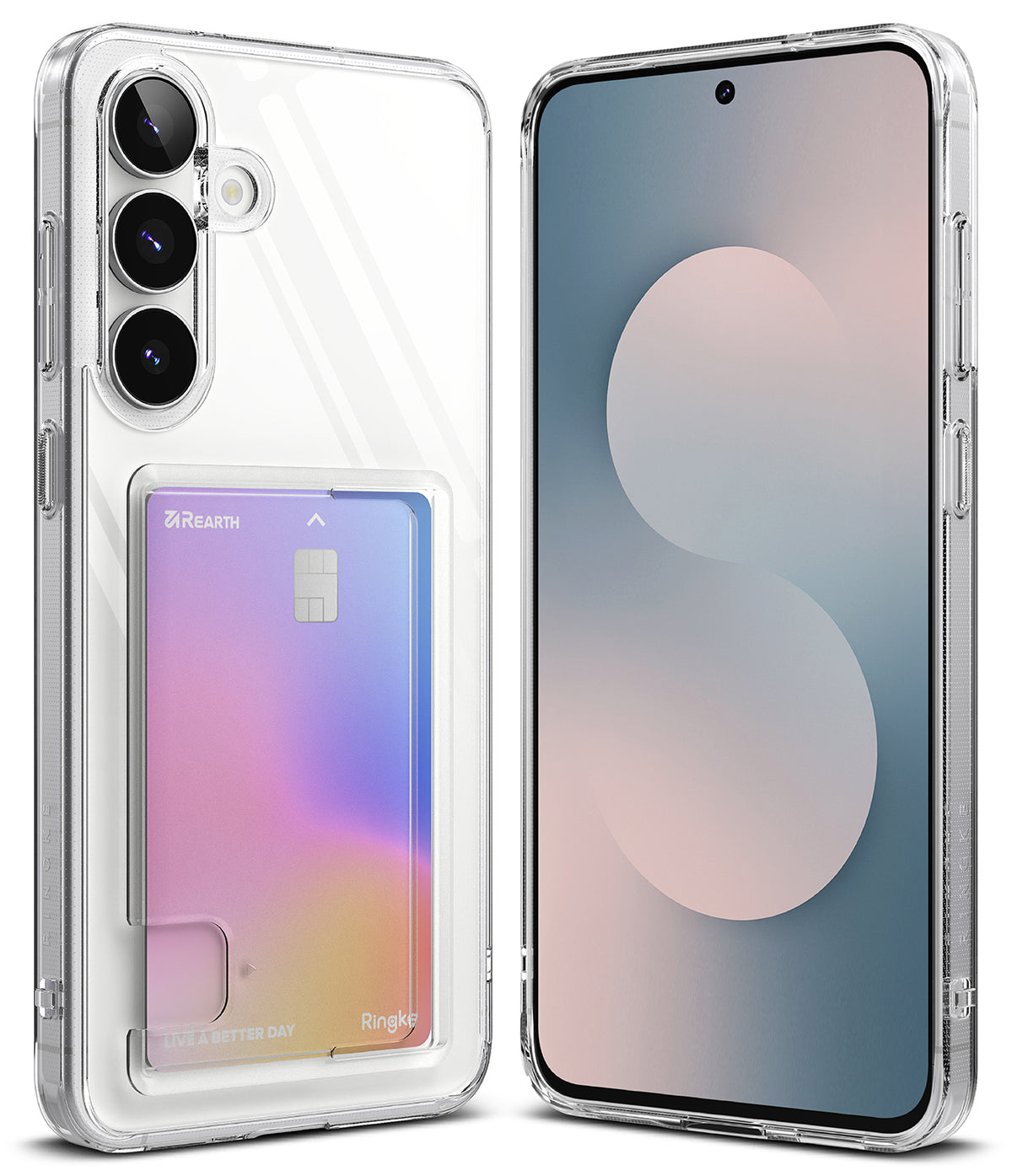 Galaxy S25 FE Case | Fusion Card - Clear phone case with a built-in card slot holding a gradient card, shown from front and back.