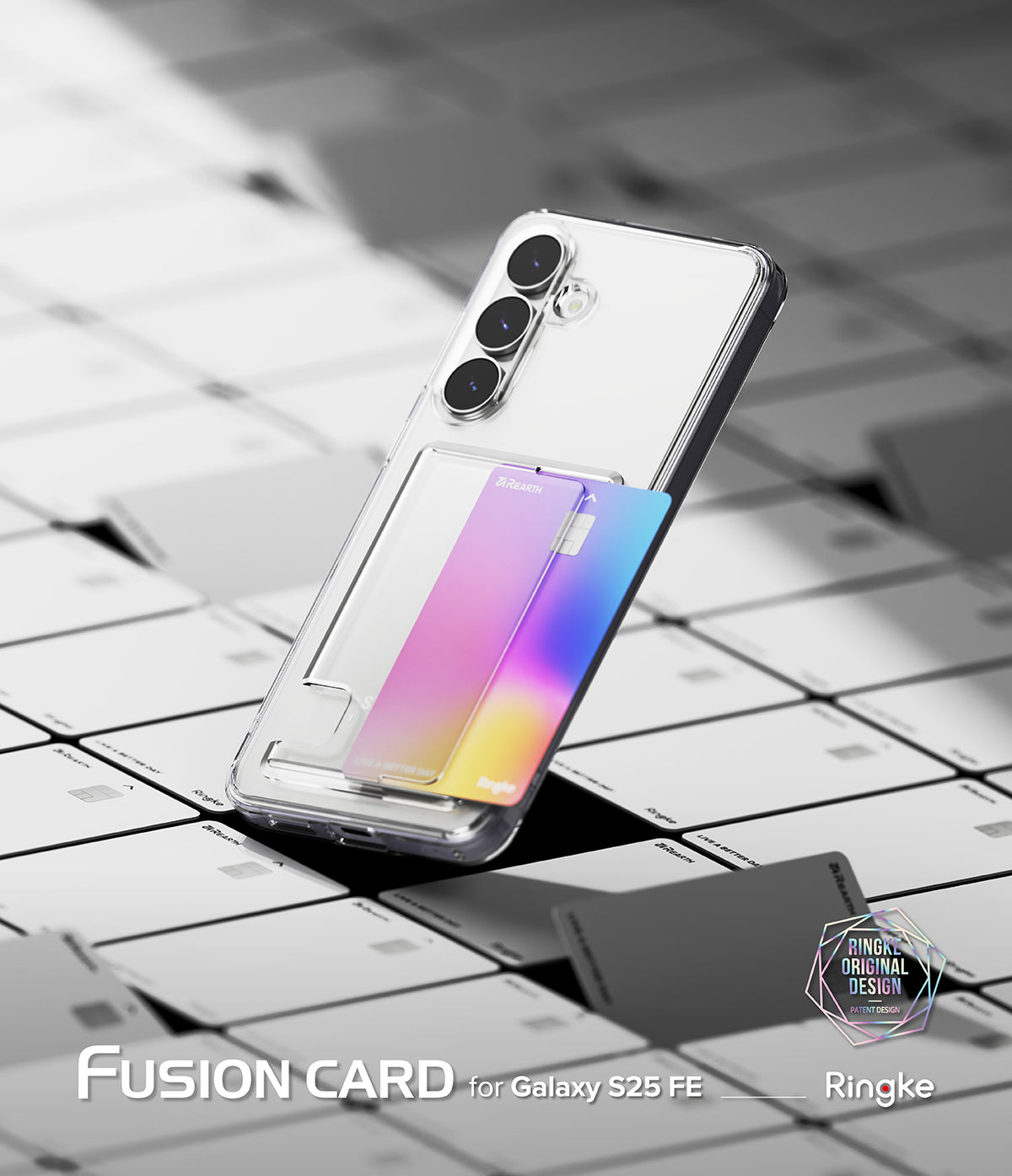 Galaxy S25 FE Case | Fusion Card - Clear phone case with a gradient card slot, angled on a grid of white cards.