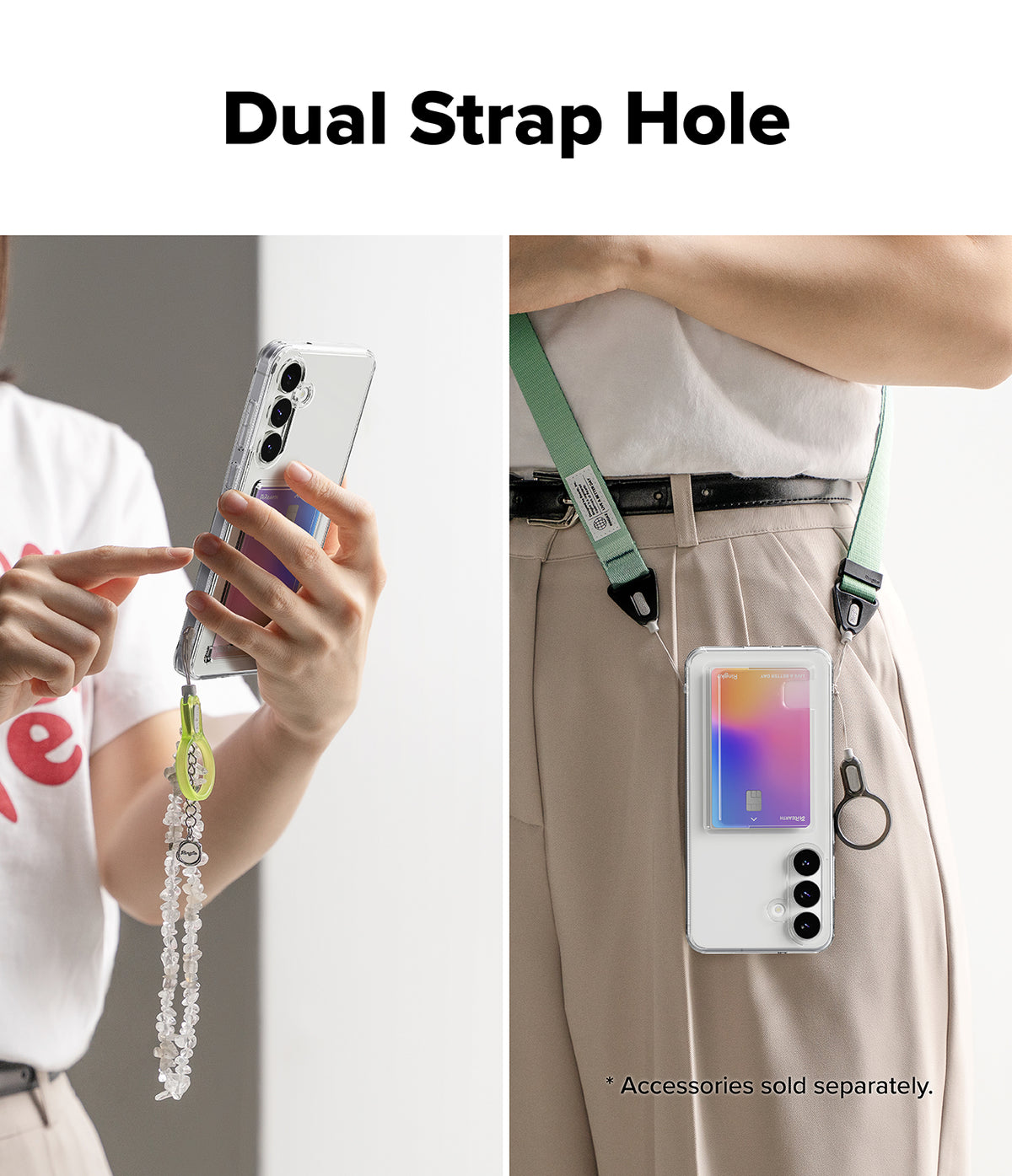 Galaxy S25 FE Case | Fusion Card - Clear phone case with card slot and dual strap holes, shown with wrist and neck lanyards.