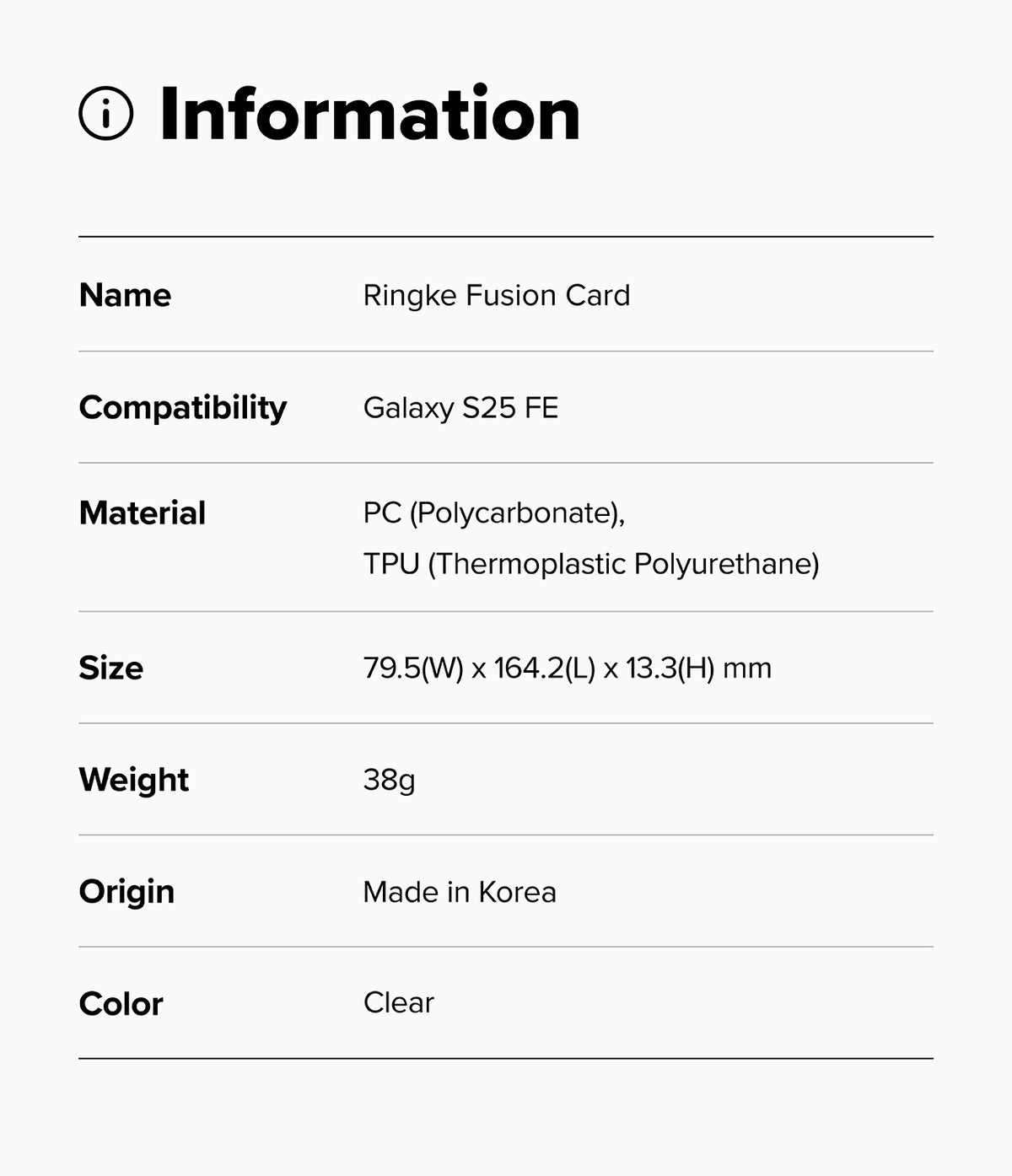 Galaxy S25 FE Case | Fusion Card - Information table listing product name, compatibility, material, size, weight, origin, and color.