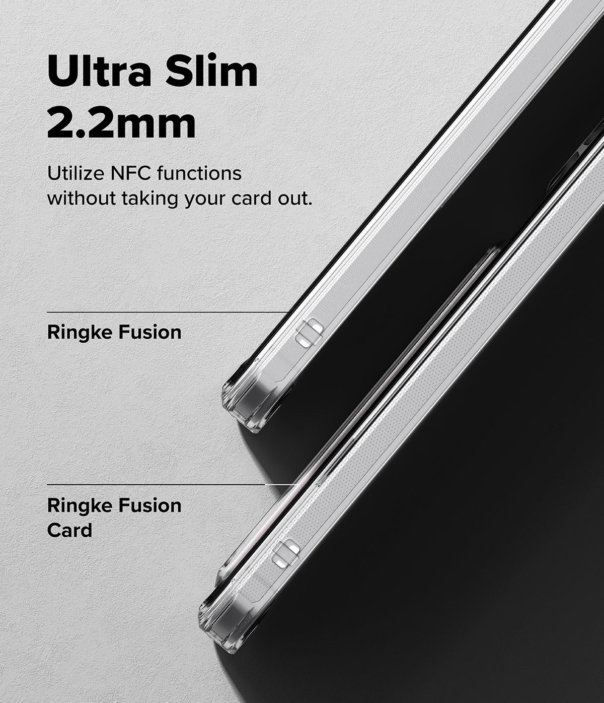 Galaxy S25 FE Case | Fusion Card - Comparison of slim Ringke Fusion and Fusion Card cases with NFC text overlay.