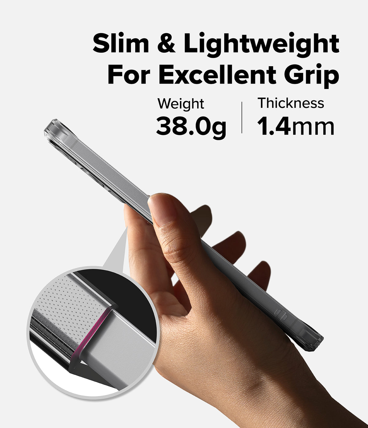 Galaxy S25 FE Case | Fusion Card - Hand holding a slim phone case with 38g weight and 1.4mm thickness specifications.