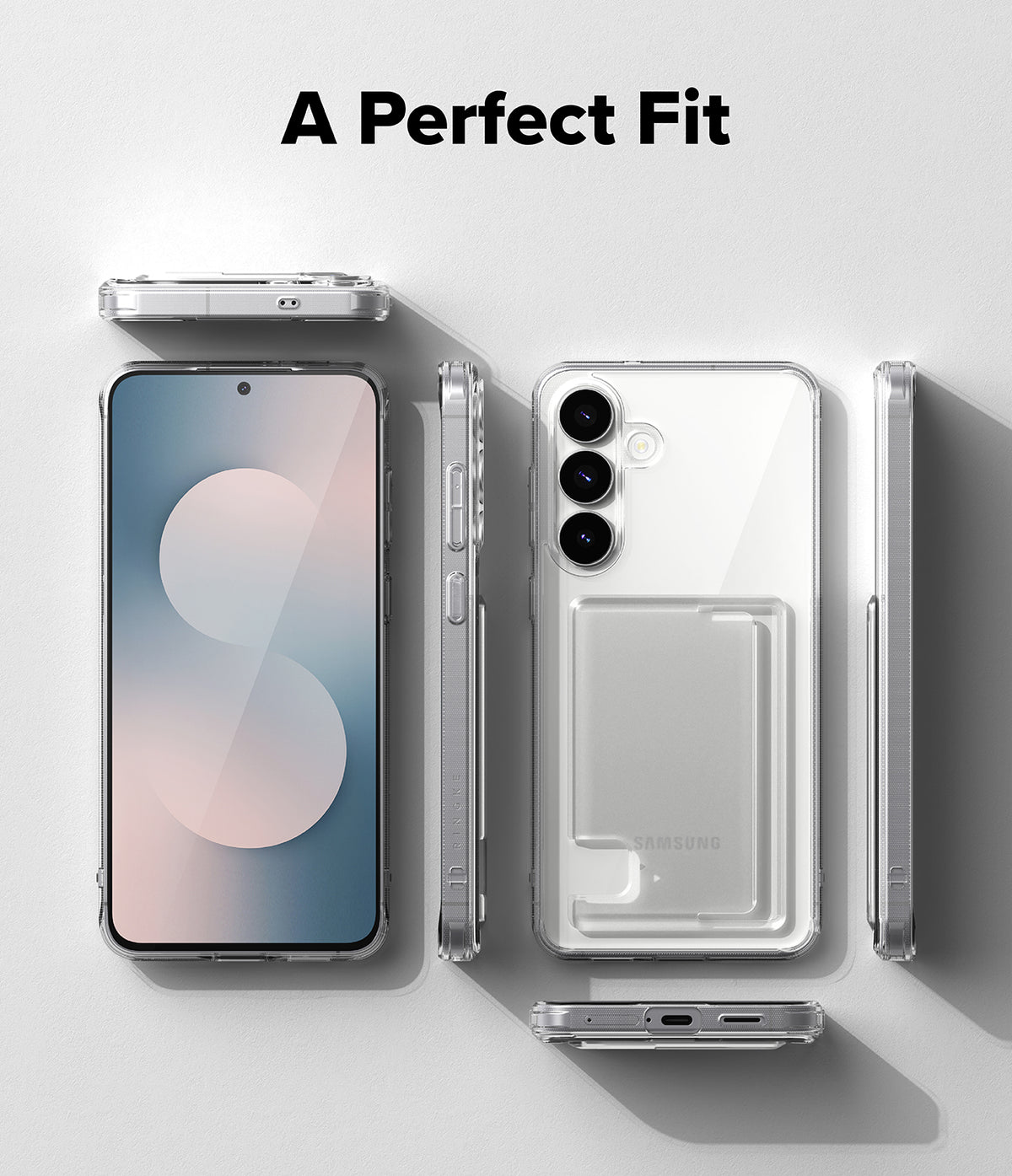 Galaxy S25 FE Case | Fusion Card - Clear phone case with card holder shown from front, back, and side angles.
