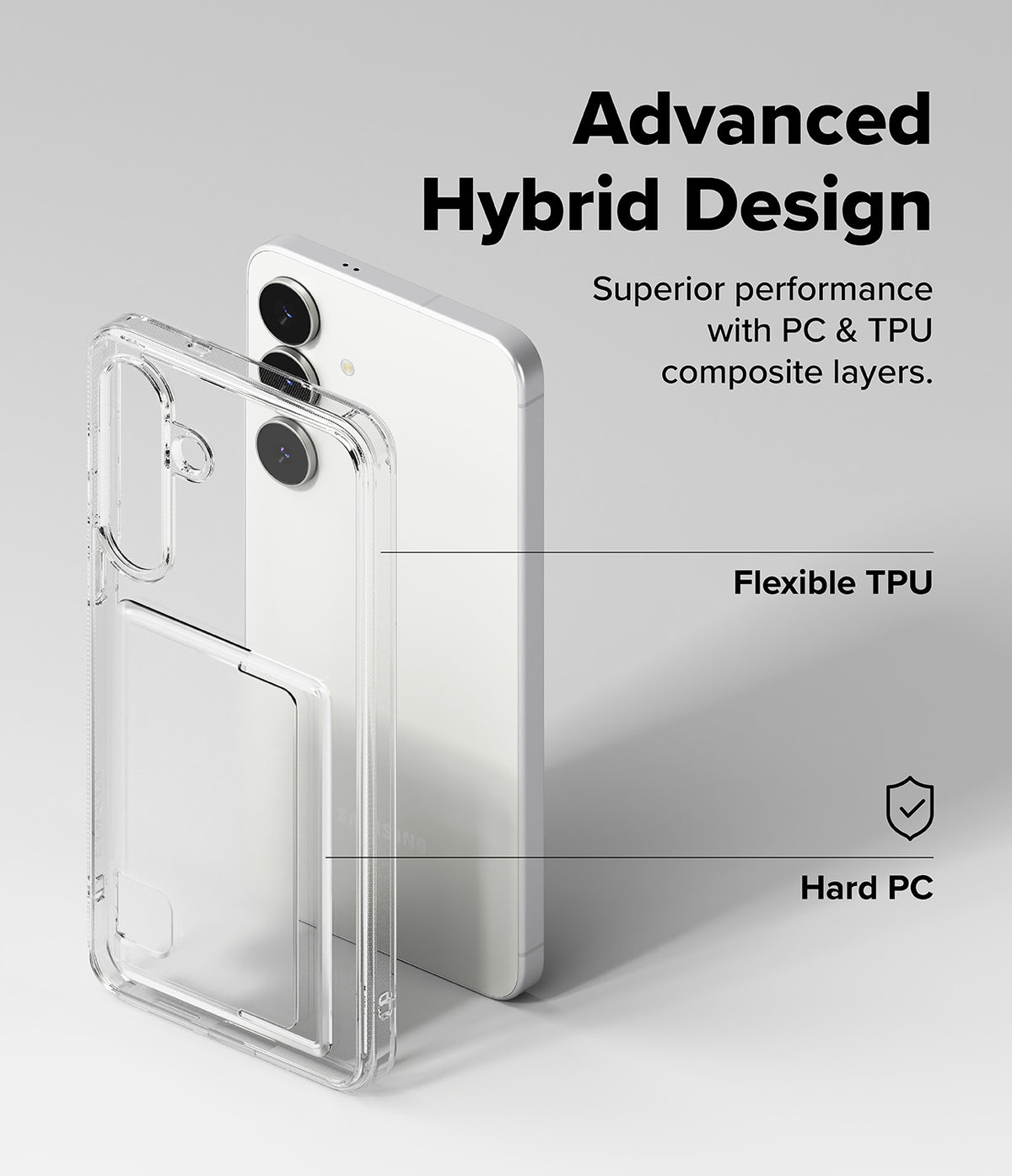 Galaxy S25 FE Case | Fusion Card - Clear phone case with card slot highlighting flexible TPU and hard PC layers.