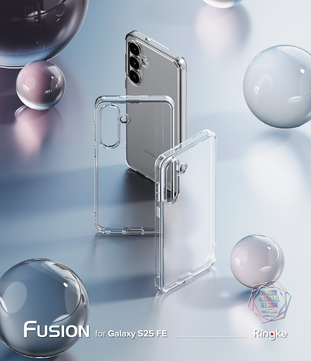 Galaxy S25 FE Case | Fusion - Two clear phone cases displayed with floating glass spheres on a reflective blue surface.