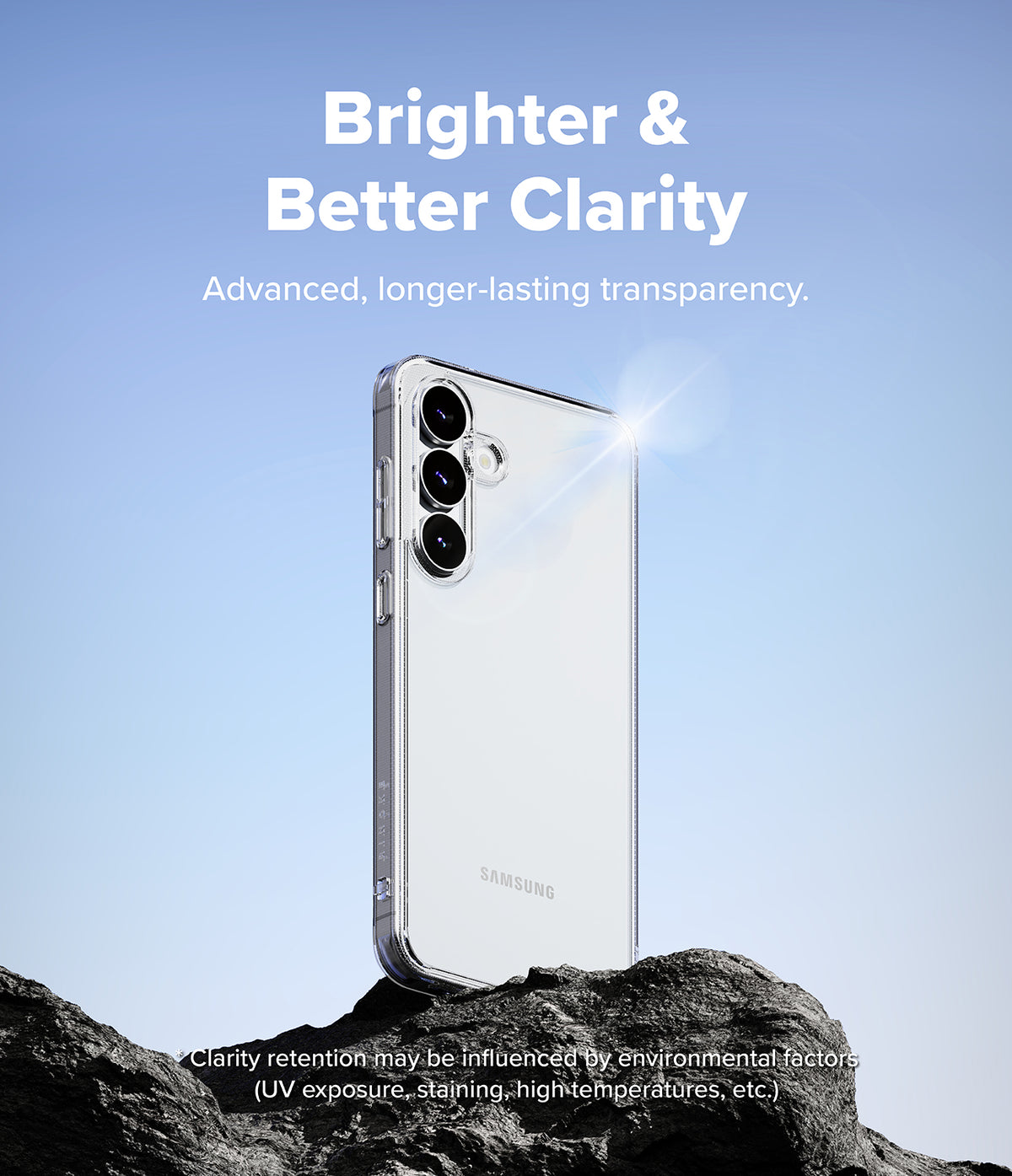 Galaxy S25 FE Case | Fusion - Clear phone case on a rock against a blue sky with text highlighting long-lasting transparency.