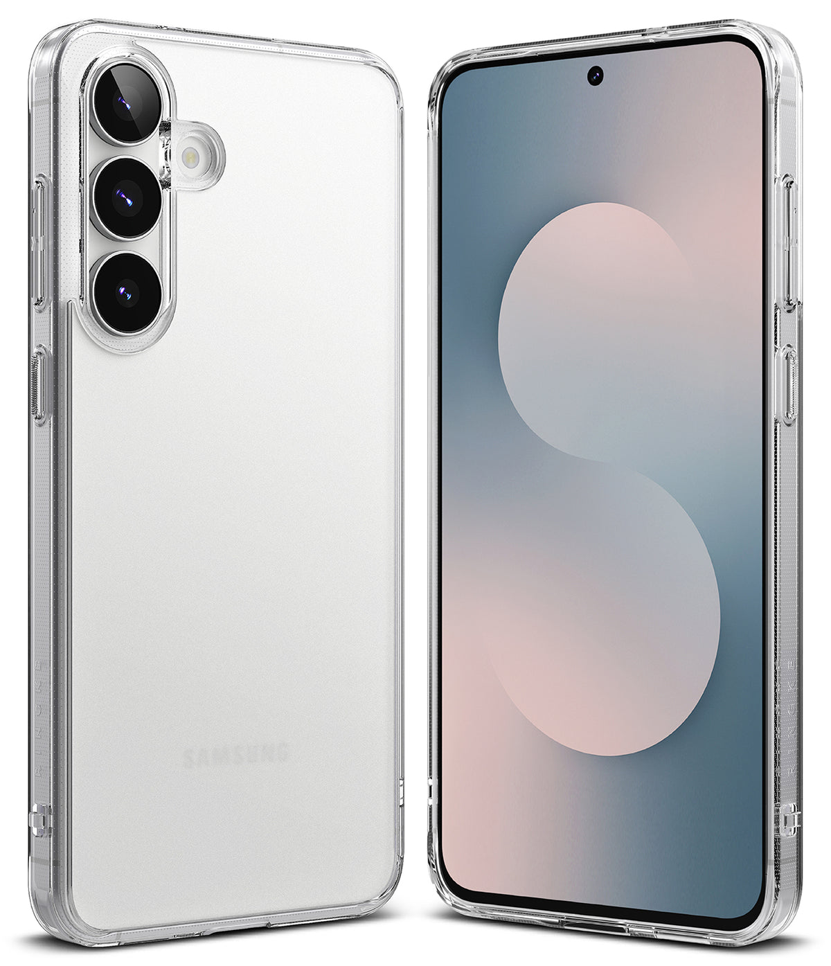 Galaxy S25 FE Case | Fusion Matte - Front and back view of a Samsung phone in a clear, matte protective case.