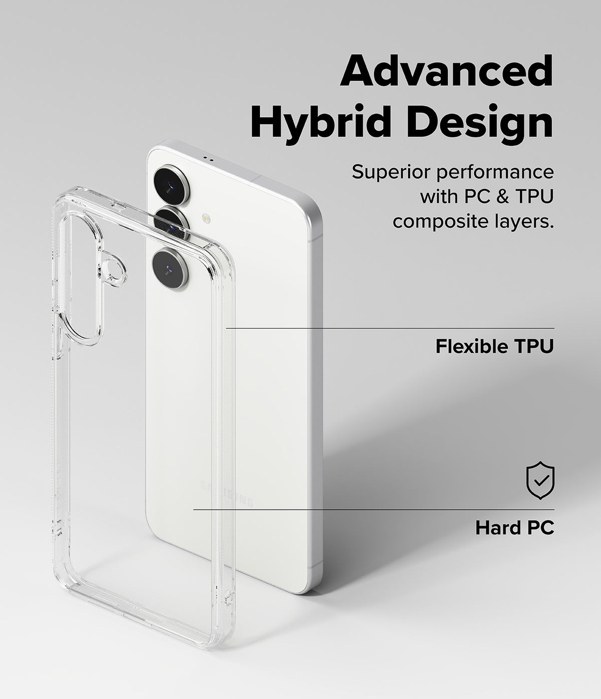Galaxy S25 FE Case | Fusion Matte - Clear phone case showing flexible TPU and hard PC layers for a white smartphone.