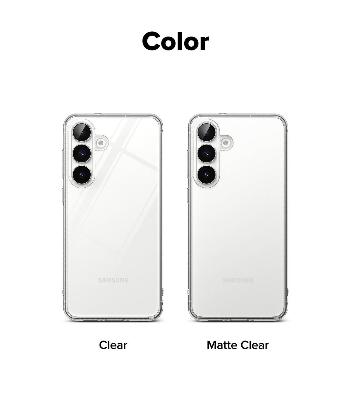 Galaxy S25 FE Case | Fusion Matte - Comparison of a glossy clear case and a frosted matte clear case on a phone.