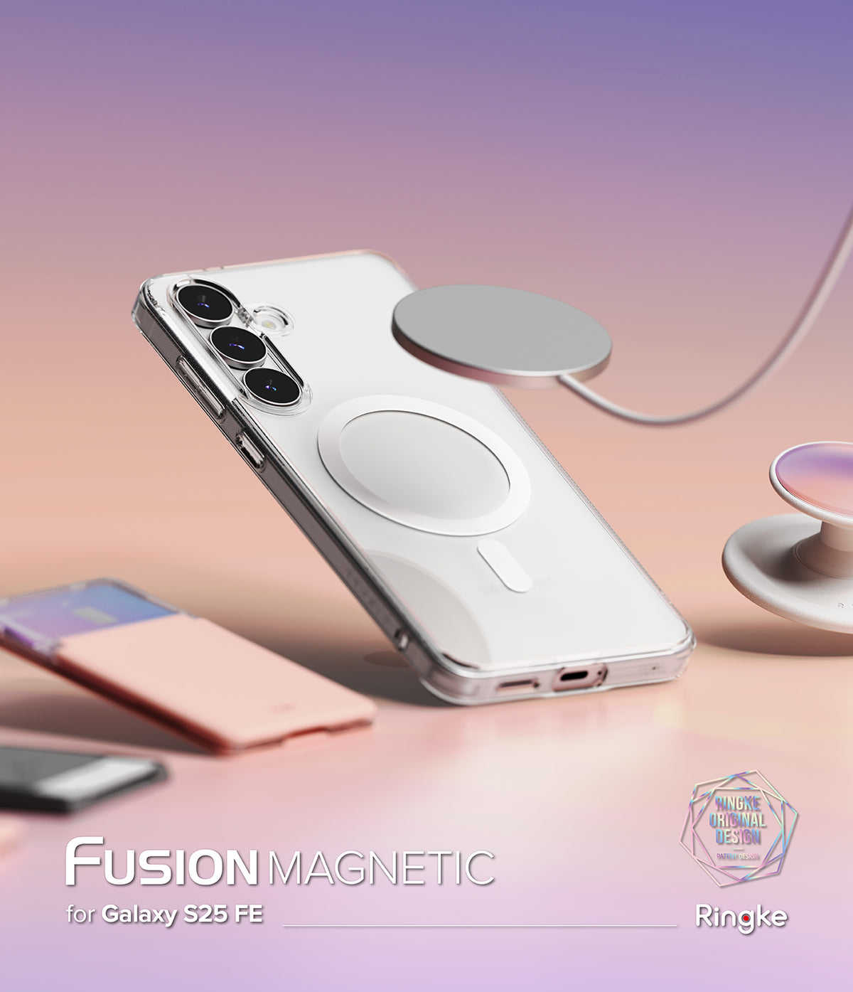 Galaxy S25 FE Case | Fusion Magnetic - Clear phone case with magnetic ring, hovering charger, and accessories on gradient background.