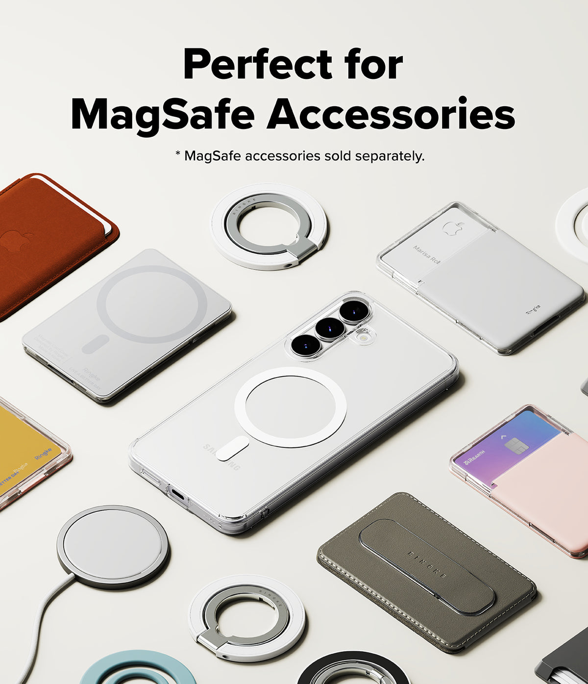 Galaxy S25 FE Case | Fusion Magnetic - Clear phone case surrounded by various MagSafe accessories on a light background.