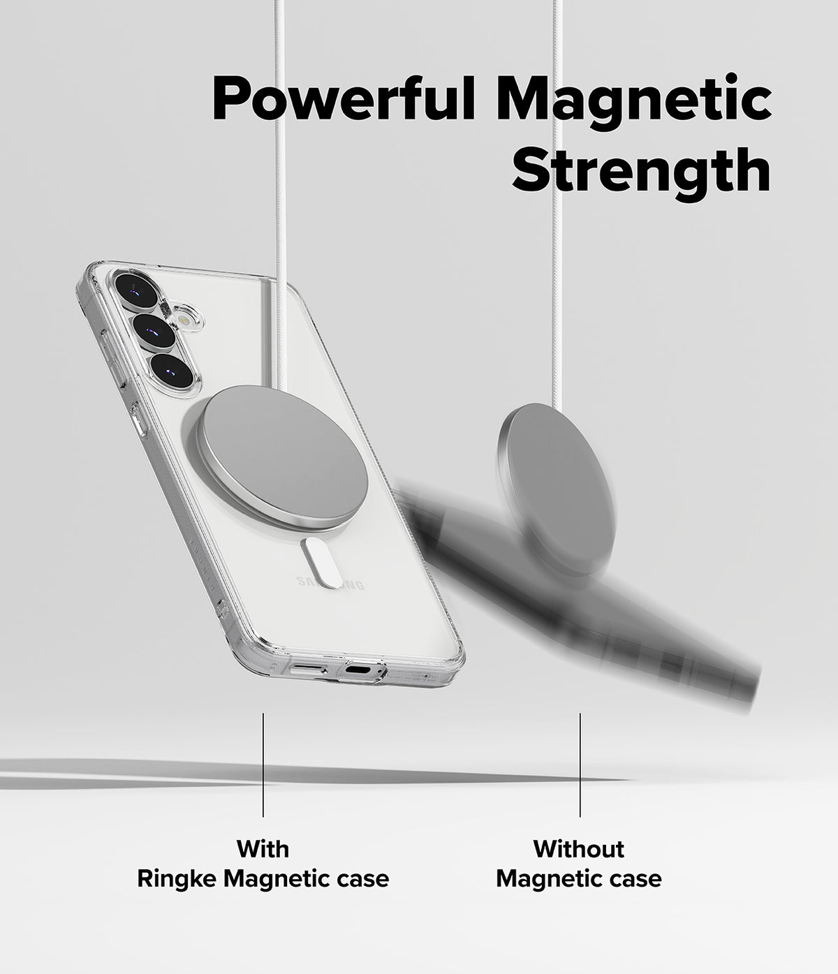 Galaxy S25 FE Case | Fusion Magnetic - A magnetic charger attached to a clear phone case versus falling off a phone.