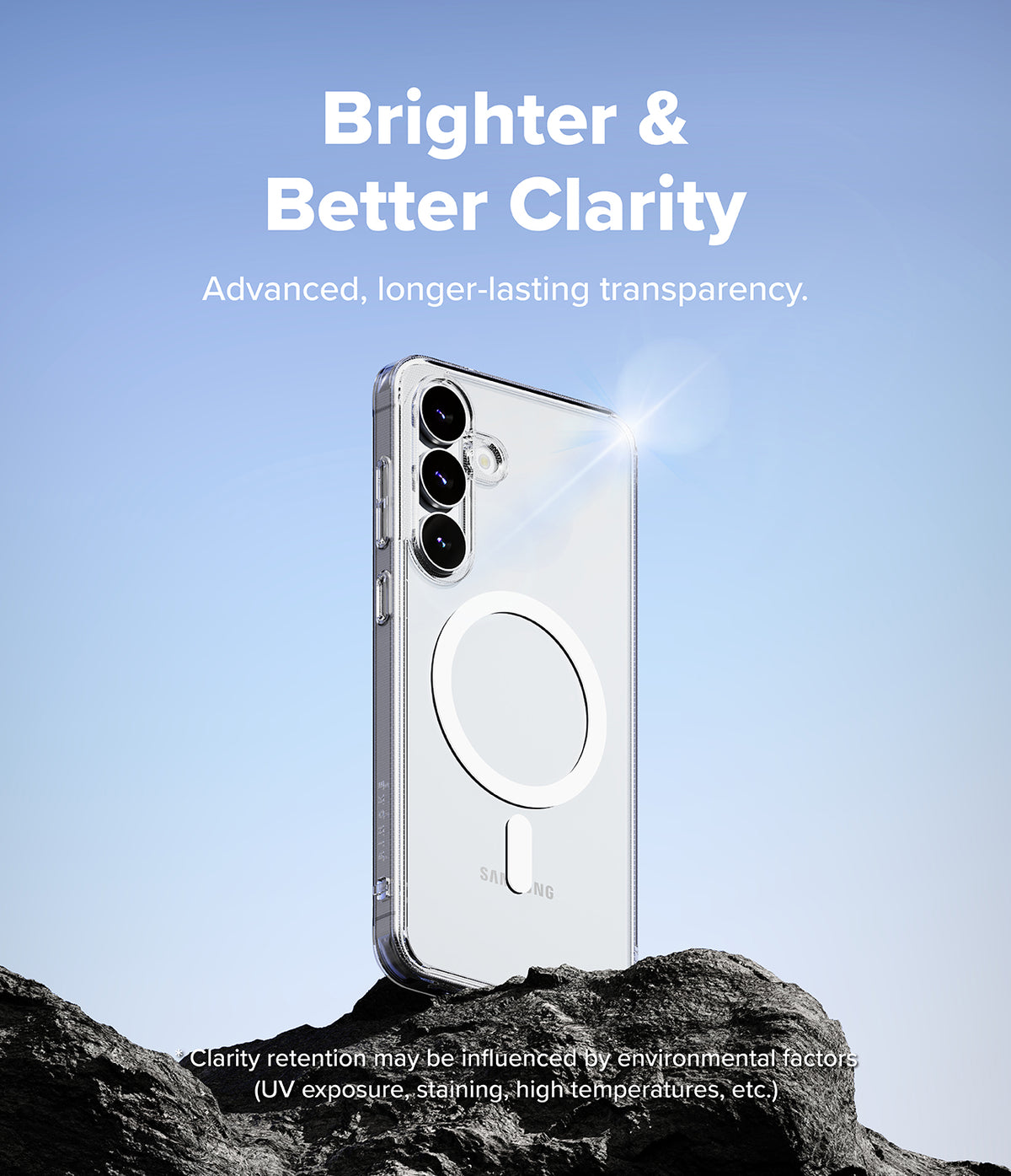 Galaxy S25 FE Case | Fusion Magnetic - Clear phone case with magnetic ring on a rock against a blue sky background.