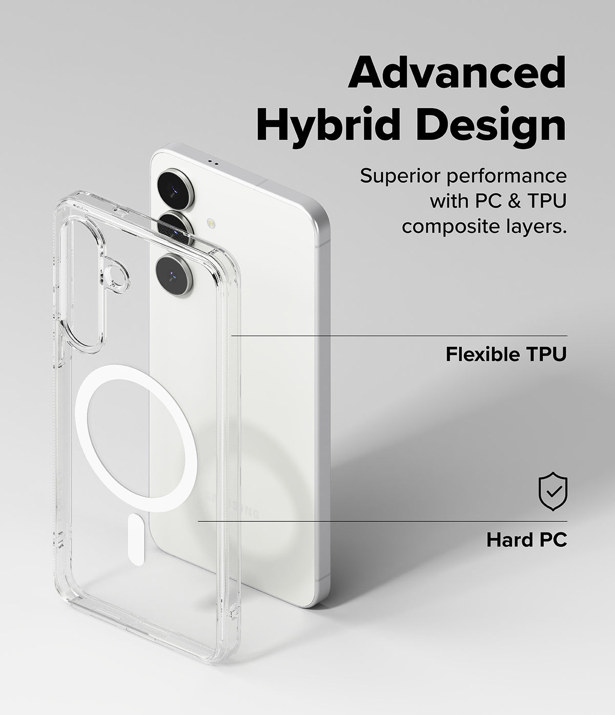 Galaxy S25 FE Case | Fusion Magnetic - Clear hybrid case with magnetic ring shown separated from a white smartphone.