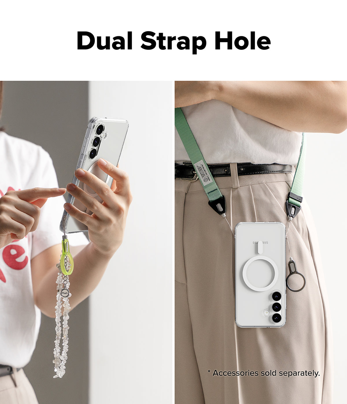 Galaxy S25 FE Case | Fusion Magnetic - Clear phone case with dual strap holes attached to a beaded wristlet and crossbody strap.