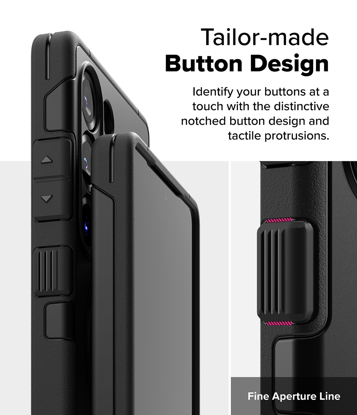 Galaxy S25 Ultra Case | Alles - Close-up of a black phone case showing textured, tactile buttons and a fine aperture line.