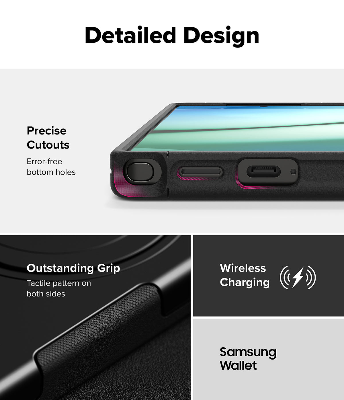 Galaxy S25 Ultra Case | Alles - Close-up of phone case cutouts, textured side grip, and wireless charging compatibility icons.