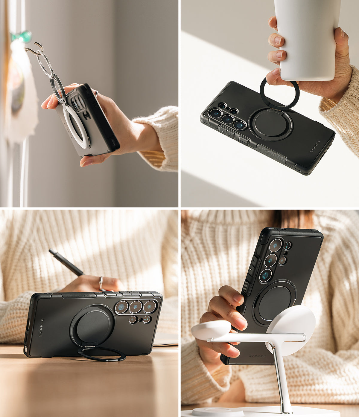 Galaxy S25 Ultra Case | Alles - Four-panel collage showing a black phone case with a built-in ring stand and magnetic mount.