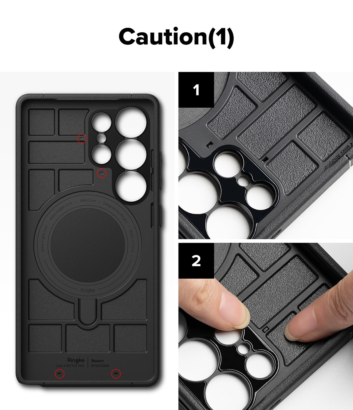 Galaxy S25 Ultra Case | Alles - Black phone case showing installation steps for the camera frame insert.