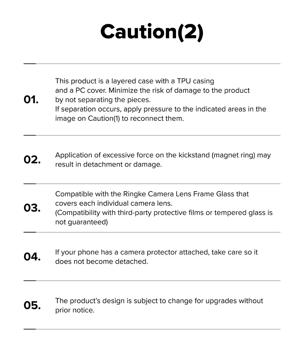 Galaxy S25 Ultra Case | Alles - A list of five numbered caution points regarding case assembly, kickstand use, and lens compatibility.
