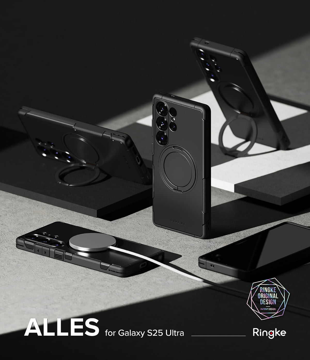 Galaxy S25 Ultra Case | Alles - Black phone cases with integrated ring stands and magnetic charging on a geometric surface.