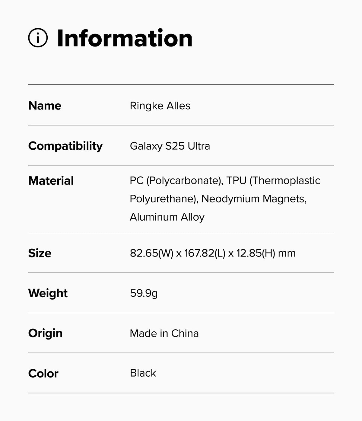 Galaxy S25 Ultra Case | Alles - Information table listing product specs for the Ringke Alles case for Galaxy S25 Ultra.