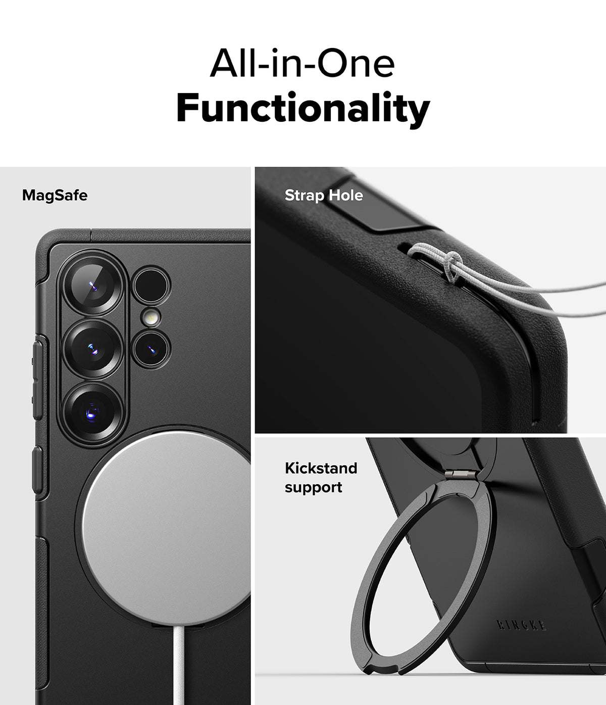 Galaxy S25 Ultra Case | Alles - Three-panel view showing MagSafe, a lanyard strap hole, and a ring kickstand on a black phone case.