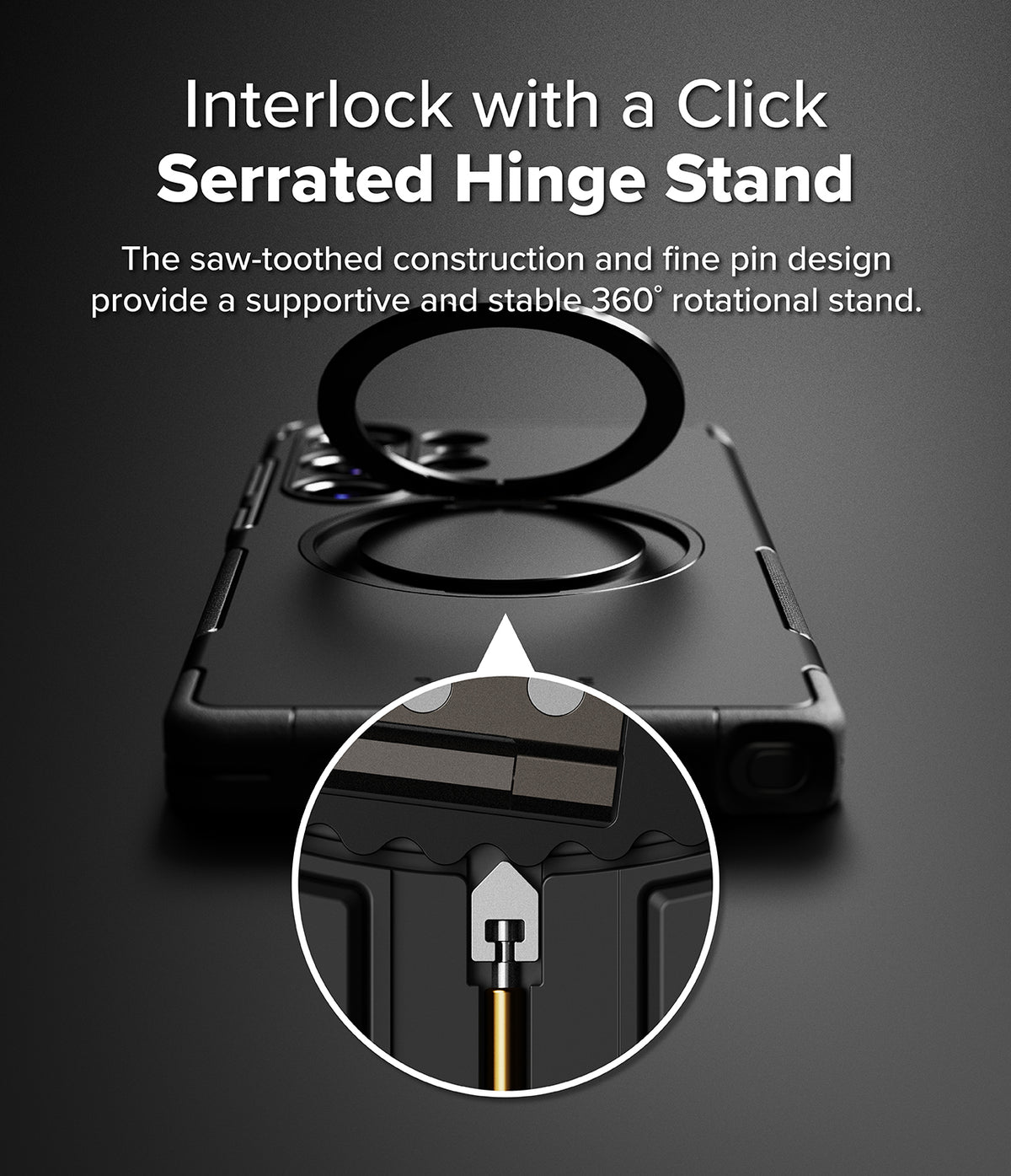 Galaxy S25 Ultra Case | Alles - Close-up of a serrated hinge stand on a phone case with a metallic pin mechanism.