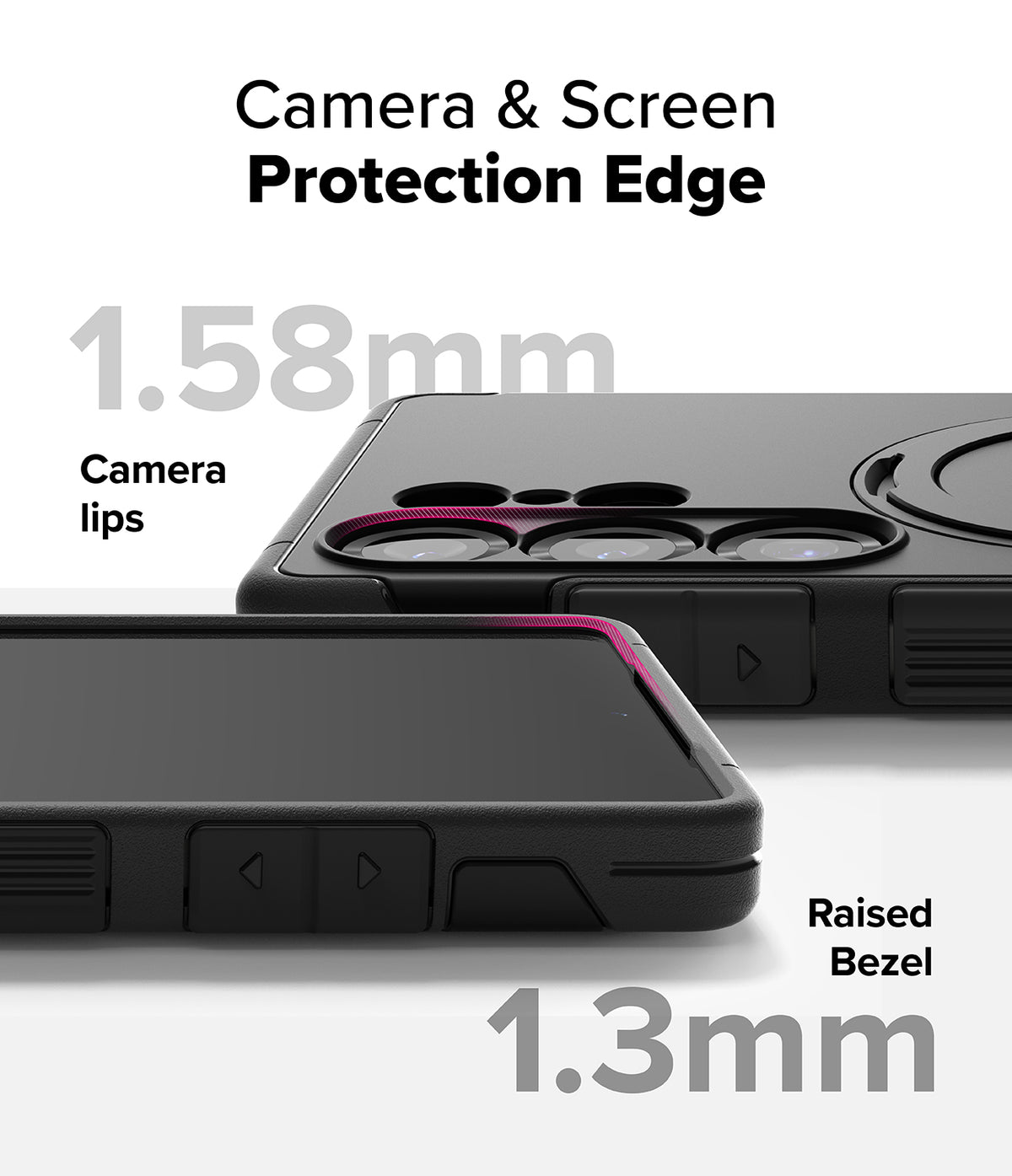 Galaxy S25 Ultra Case | Alles - Close-up of phone case showing 1.58mm camera lips and 1.3mm raised screen bezel protection.