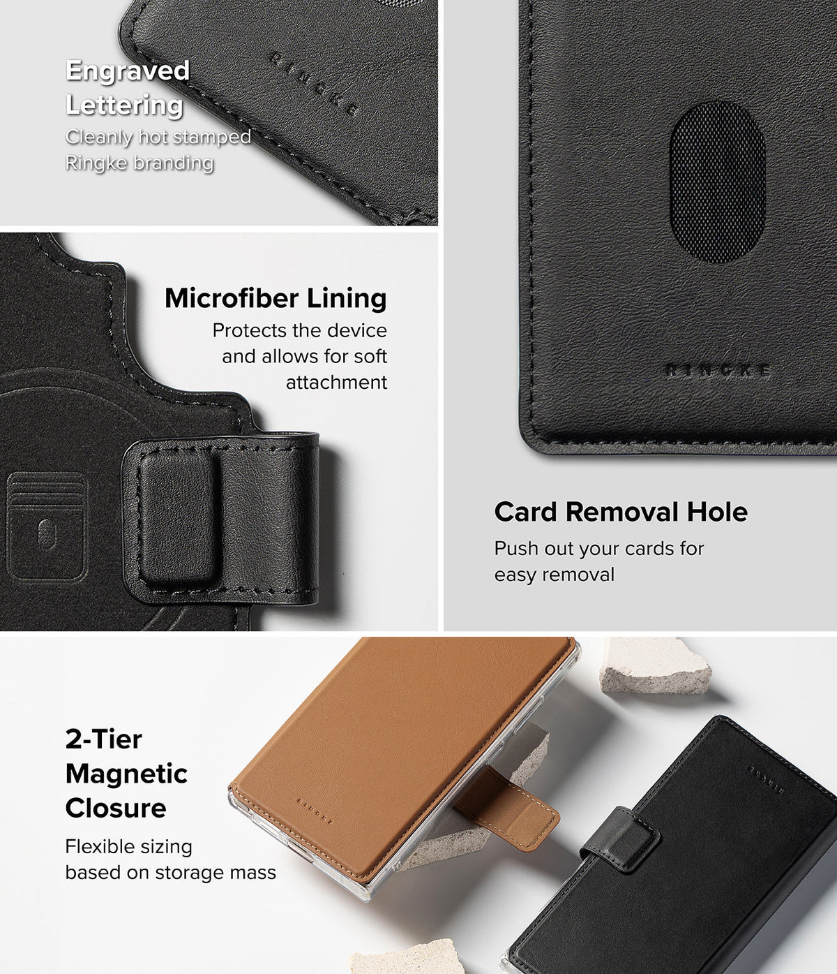 Galaxy S25 Ultra Cover | Folio Grip Wallet Magnetic - Close-up views of black and brown leather wallet cases with magnetic closures, card slots, and microfiber lining.