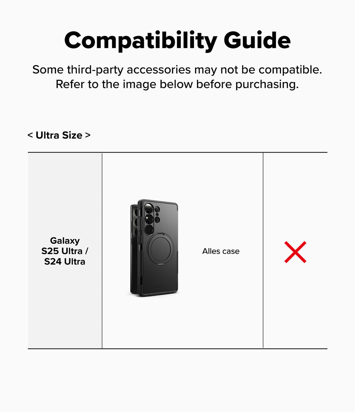 Galaxy S25 Ultra Cover | Folio Grip Wallet Magnetic - Compatibility chart showing a phone case with a red X.