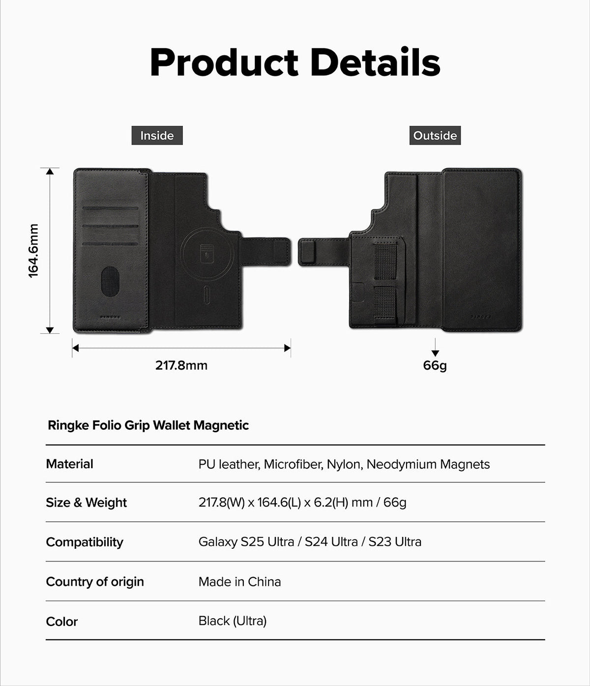 Galaxy S25 Ultra Cover | Folio Grip Wallet Magnetic - Galaxy S25 Ultra Cover - Technical diagram showing inside and outside views of a black magnetic folio wallet with dimensions.