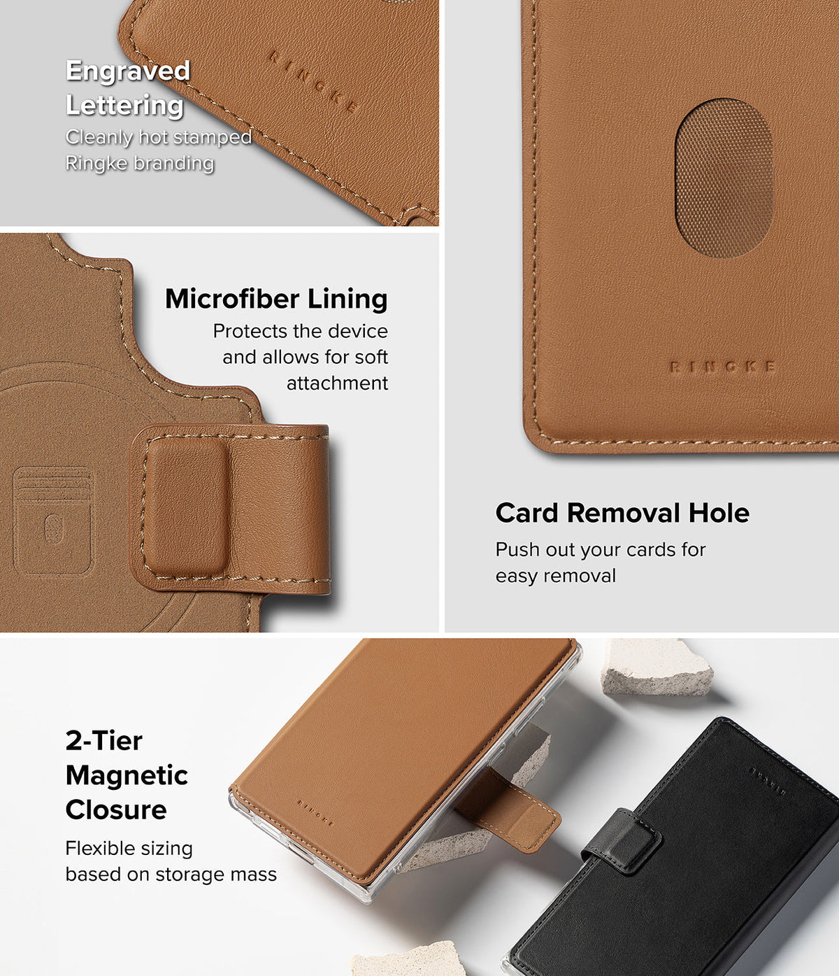 Galaxy S25 Ultra Cover | Folio Grip Wallet Magnetic - Galaxy S25 Ultra Cover - Features of a brown magnetic folio wallet showing branding, microfiber lining, and magnetic closure.