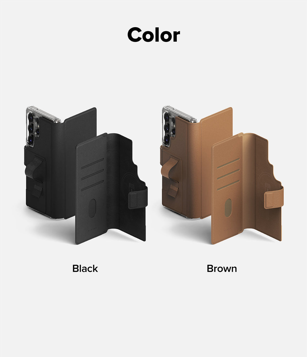 Galaxy S25 Ultra Cover | Folio Grip Wallet Magnetic - Galaxy S25 Ultra Cover - Black and brown folio wallet cases with magnetic grip straps shown in open and closed positions.