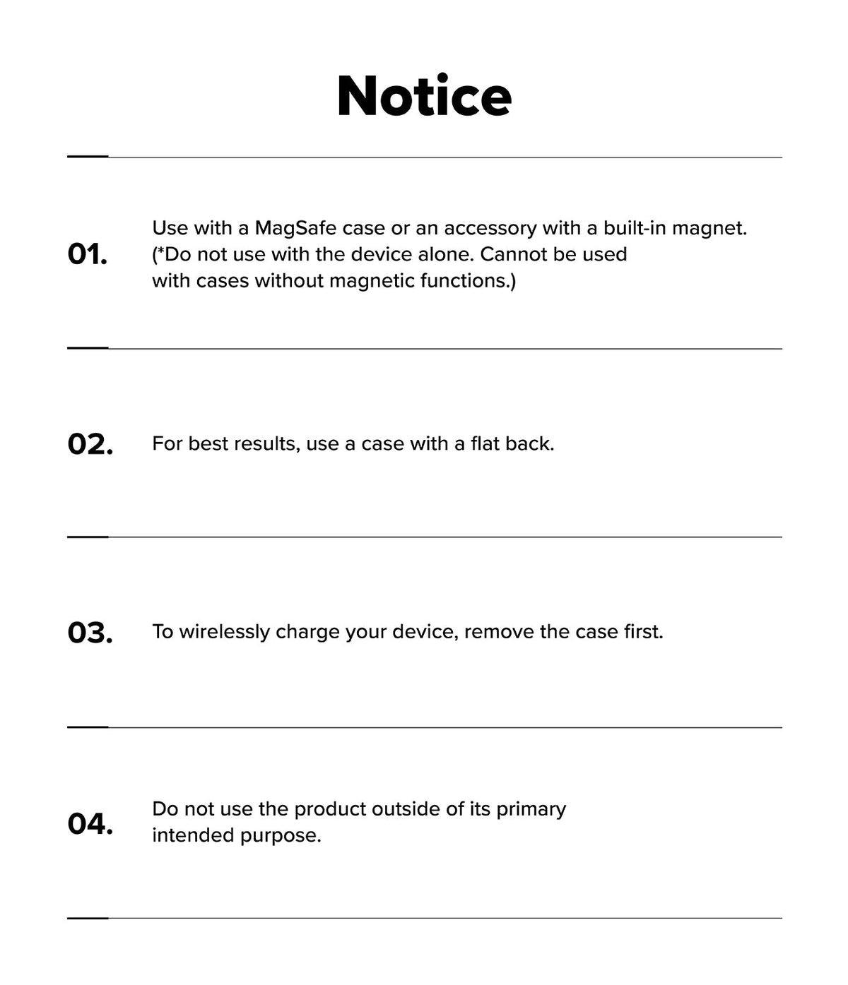 Galaxy S25 Ultra Cover | Folio Grip Wallet Magnetic - Informational notice listing four usage guidelines for the accessory.