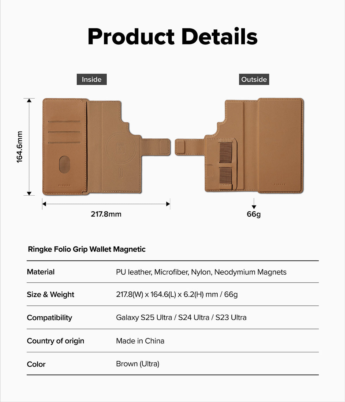 Galaxy S25 Ultra Cover | Folio Grip Wallet Magnetic - Technical diagram showing dimensions and features of the brown wallet.