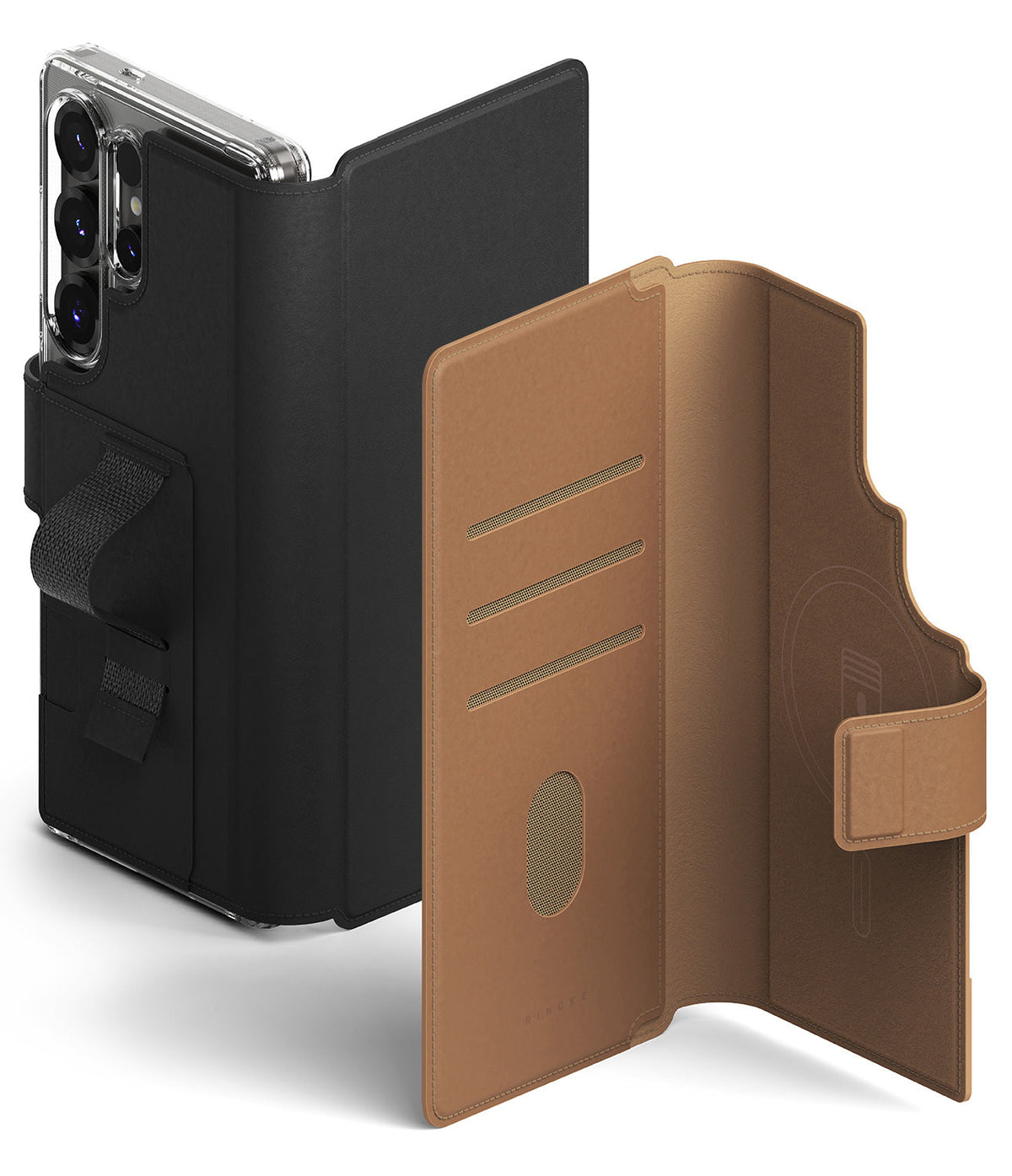 Galaxy S25 Ultra Cover | Folio Grip Wallet Magnetic - Black phone case with hand strap and open tan wallet interior.