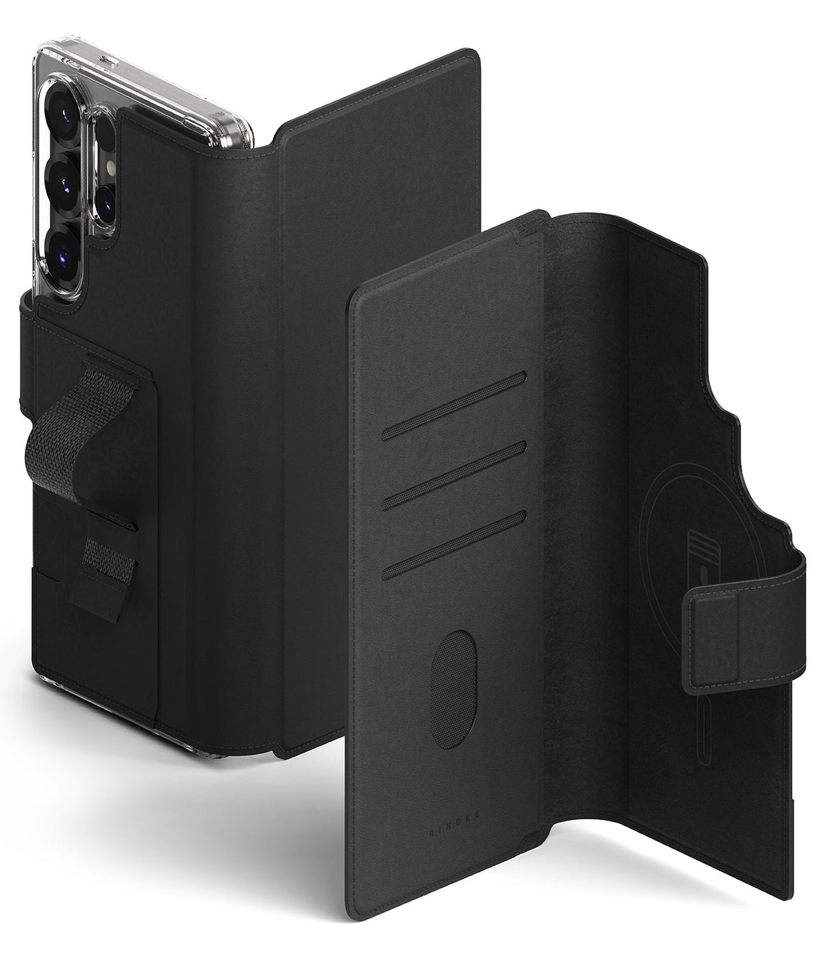 Galaxy S25 Ultra Cover | Folio Grip Wallet Magnetic - Black folio case with card slots, magnetic strap, and grip.