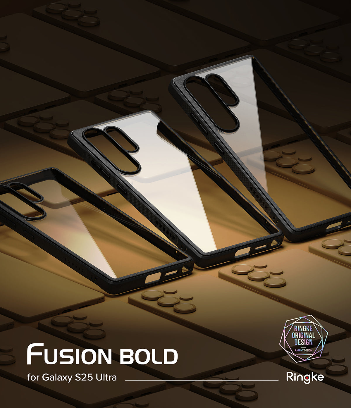 Galaxy S25 Ultra Case | Fusion Bold - Three clear phone cases with black frames arranged on a grid of phone outlines.