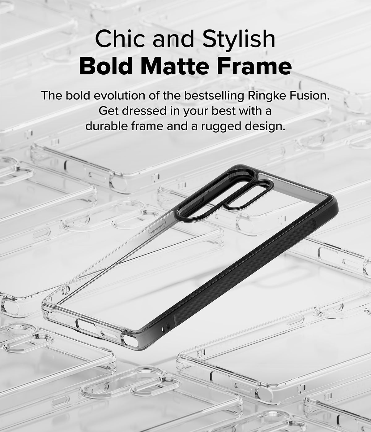 Galaxy S25 Ultra Case | Fusion Bold - Clear phone case with a black matte frame resting on a grid of identical cases.