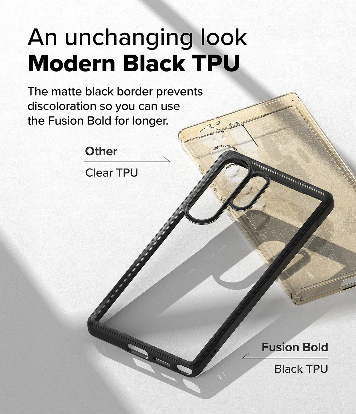 Galaxy S25 Ultra Case | Fusion Bold - Comparison of a yellowed clear case and a pristine black Fusion Bold case.