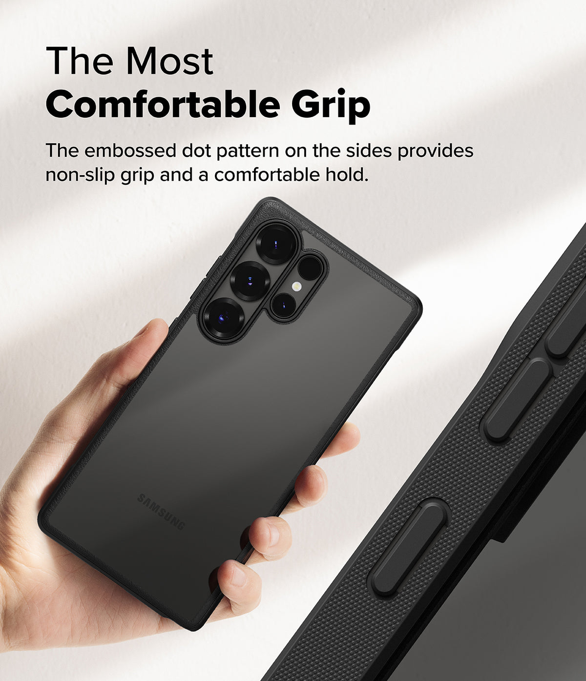 Galaxy S25 Ultra Case | Fusion Bold - Hand holding a black phone case with a textured, dotted side grip pattern.