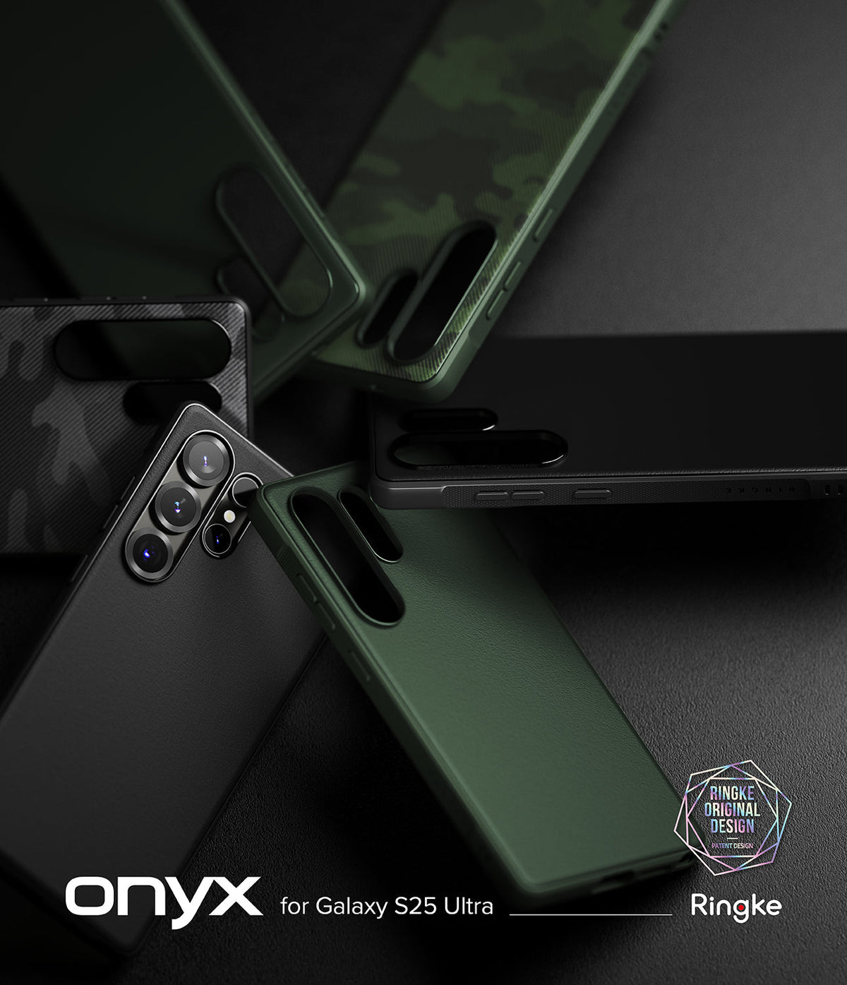 Galaxy S25 Ultra Case | Onyx - Multiple Onyx phone cases in black and green arranged on a dark surface.
